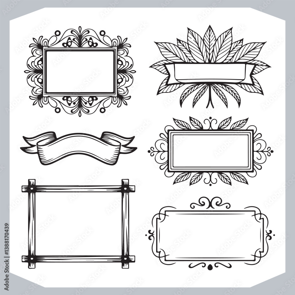 Calligraphic Frames with Vintage Labels and Ornamental Silhouettes for Design Projects