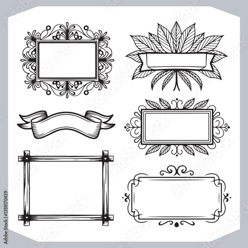Calligraphic Frames with Vintage Labels and Ornamental Silhouettes for Design Projects