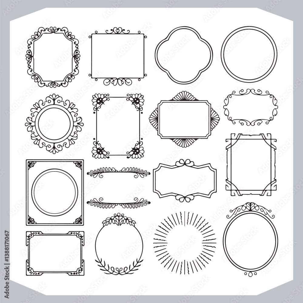 Calligraphic Frames with Vintage Labels and Ornamental Silhouettes for Design Projects