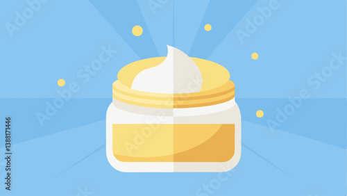 Moisturizing Cream A creamy jar with a soft swirl emanating from it surrounded by illustrated sun rays being absorbed into the cream representing postsun nourishment.
