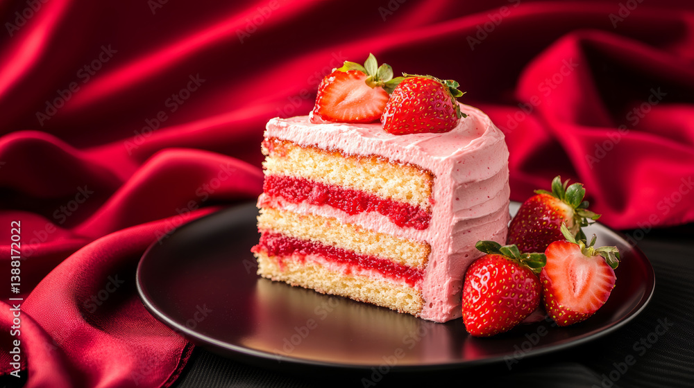 A rich, layered strawberry cake with smooth frosting, served alongside fresh strawberries on a black plate, set against a striking red fabric background A rich, layered strawberry cake with smooth frosting, served alongside fresh strawberries on a black plate, set against a striking red fabric background