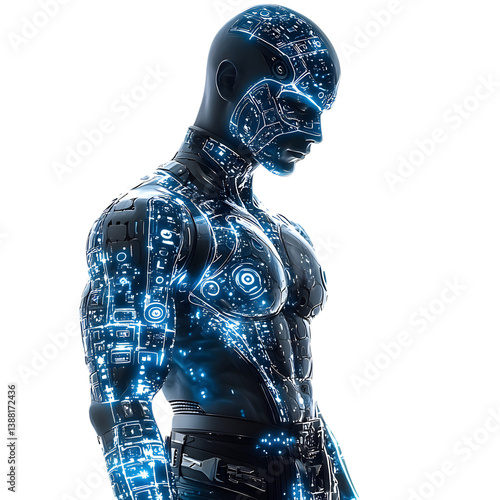 Futuristic Man in Suit with Radiant Blue Tattoos and Chrome Skin Isolated on Transparent Background