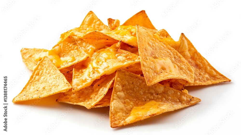 A pile of crispy tortilla chips on a white background, close up view A pile of crispy tortilla chips on a white background, close up view