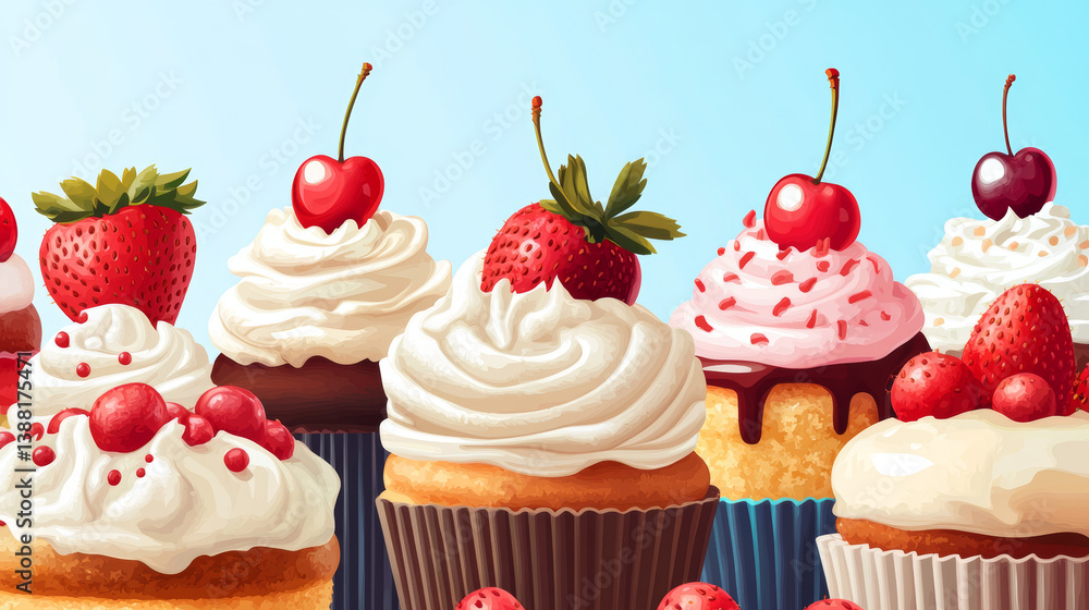 A vector illustration featuring an assortment of charming cakes adorned with whipped cream, strawberries, and cherries A vector illustration featuring an assortment of charming cakes adorned with whipped cream, strawberries, and cherries