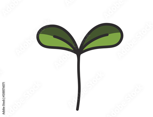 Seedling sprout with two leaves illustration in green colors. Planting and spring design element. Isolated vector image