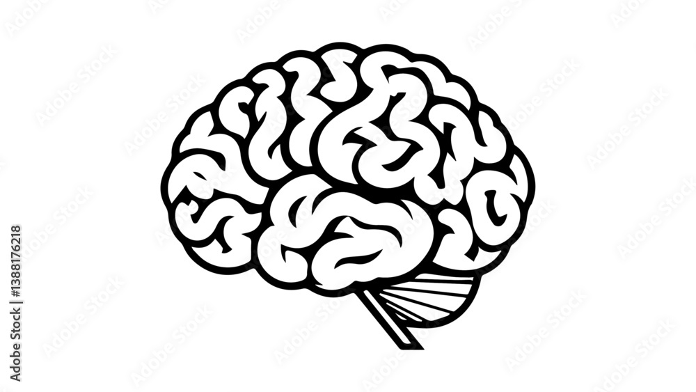 Black and White Abstract Drawing of a Human Brain Outline, Abstract illustration of a human brain depicted in black ink on a white background Black and White Abstract Drawing of a Human Brain Outline, Abstract illustration of a human brain depicted in black ink on a white background