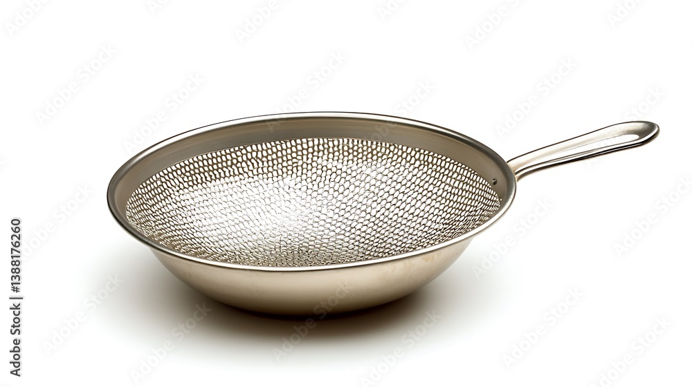 Close up of a metal strainer with handle on a white background Close up of a metal strainer with handle on a white background
