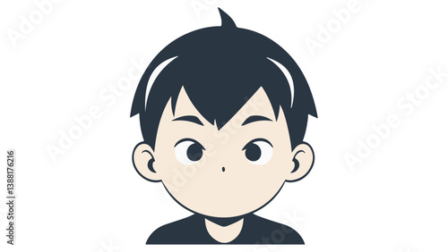Minimalist Illustration of a Young Boy With Black Hair and Expressive Eyes, Stylized art depicting a young boy with iconic black hair in a minimalist cartoon style