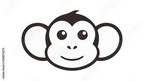 Cute Monkey Face Cartoon Style Simple Line Art Drawing, Black and white cartoon monkey face illustration. Fun and cheerful style suitable for logos
