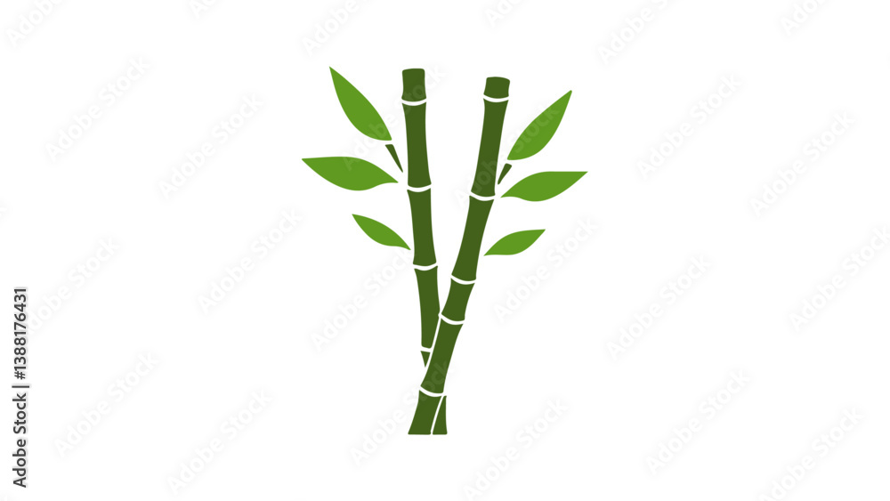 Obraz premium Artistic Representation of Bamboo Stalks with Green Leaves Illustration, Two green bamboo stalks with fresh leaves depicted in a minimalist illustration showing elegance and nature