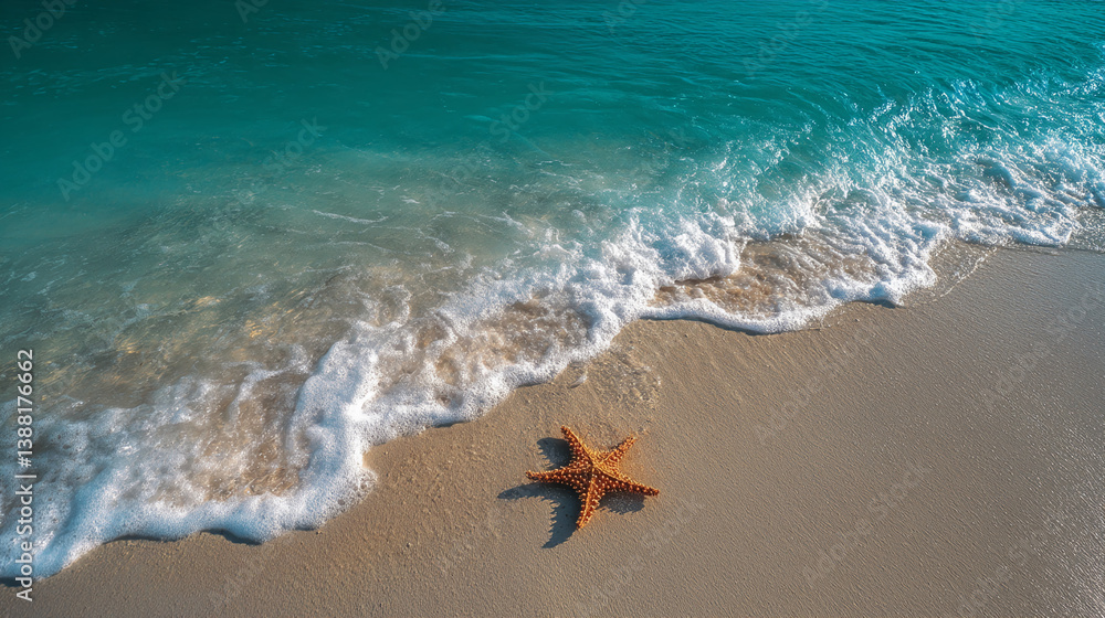 Obraz premium Ocean wave foam on sandy beach, single starfish. Summer, vacation, tranquility concept