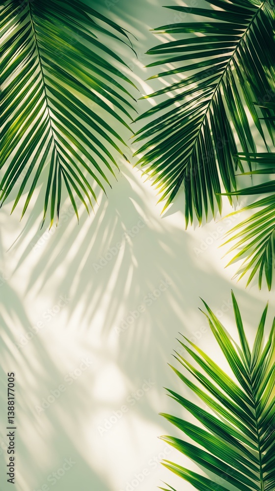 Fototapeta premium Lush green palm leaves casting vibrant shadows.