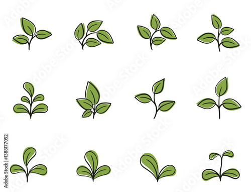 Green plant and sprout set. Floral, nature and planting design elements. Isolated vector images