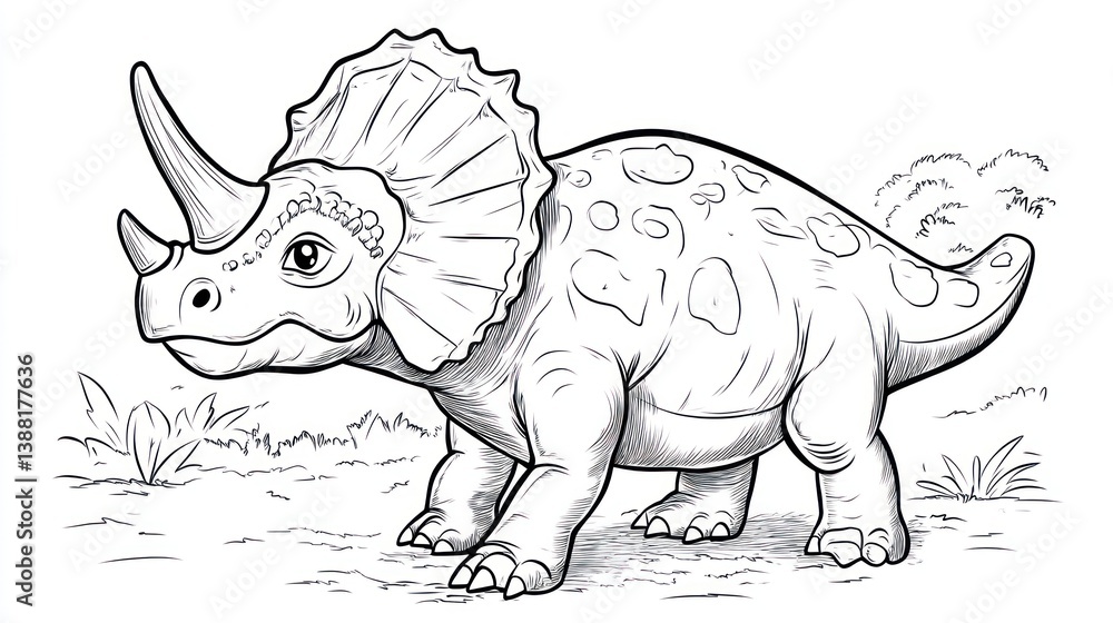Fototapeta premium Cute Triceratops Coloring Page, Prehistoric Scene, Educational Illustration, Kids Activity