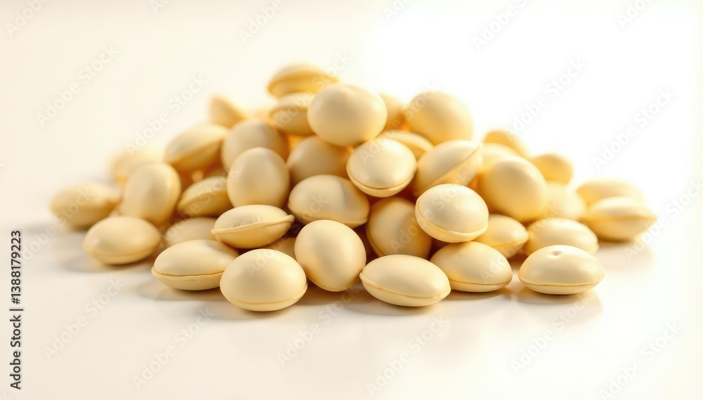Pile of dried white beans against bright white, ingredient, minimal background, food Pile of dried white beans against bright white, ingredient, minimal background, food