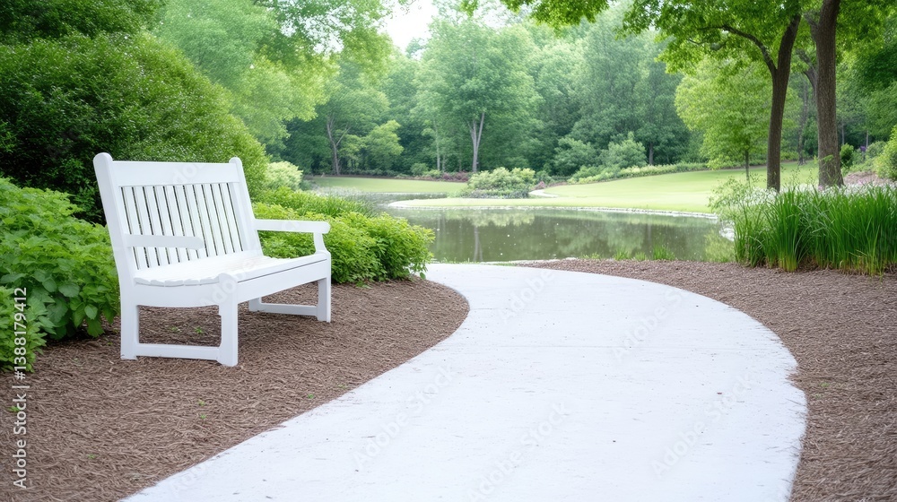 A white wooden bench sits beside a curved walkway. Lush green landscaping and a tranquil pond compose the background. The image is high-quality, with natural daylight providing even lighting. Its st A white wooden bench sits beside a curved walkway. Lush green landscaping and a tranquil pond compose the background. The image is high-quality, with natural daylight providing even lighting. Its st