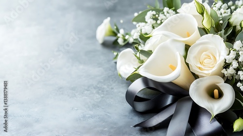 White funeral flowers with grey background.