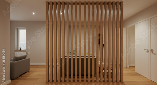 Contemporary Slatted Wood Room Divider Partition in Modern Interior Setting