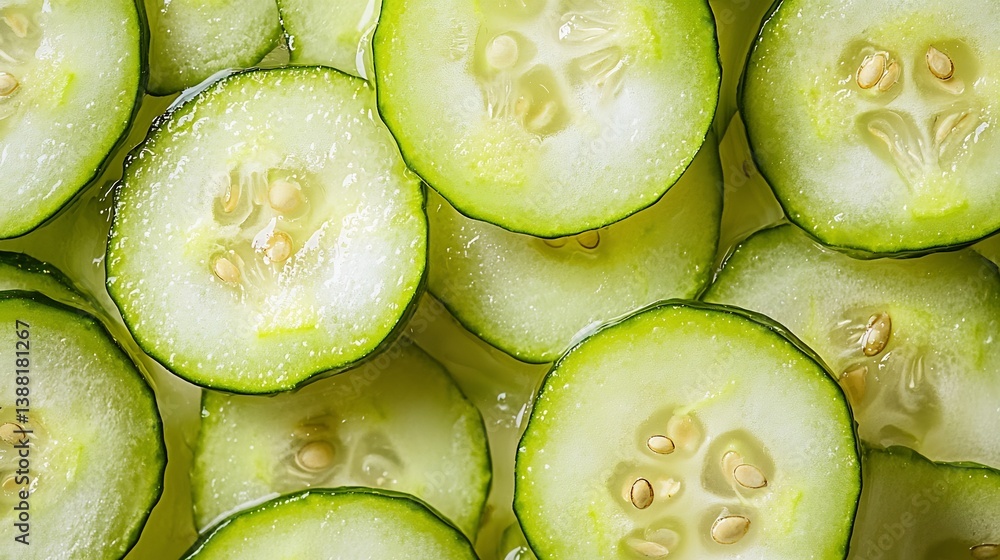 Detailed close up of cucumber slices visible seeds and moisture Detailed close up of cucumber slices visible seeds and moisture
