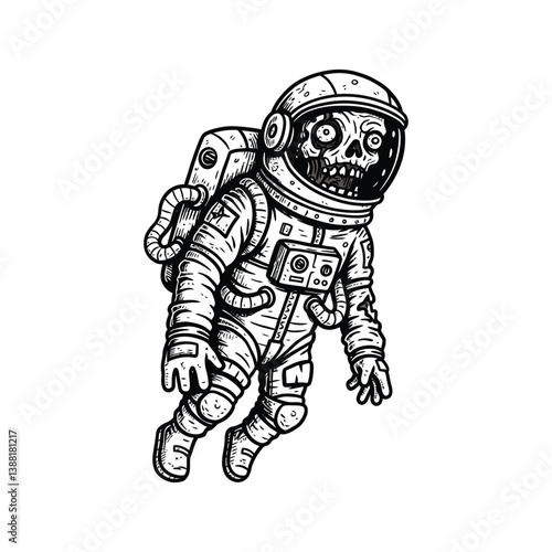 Zombie astronaut floating in space sketch illustration