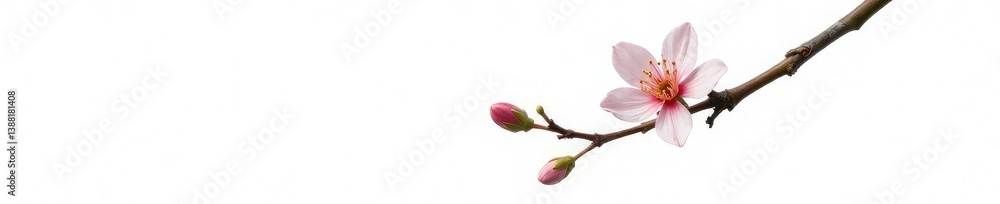 Fototapeta premium Single isolated branch with a delicate flower at the tip on white background, nature photography, tree branch