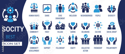 A top-tier collection of solid icons representing community values such as civic engagement, trust, neighborhood, belonging, collective action, diversity, people, friendship, inclusion, and culture, a