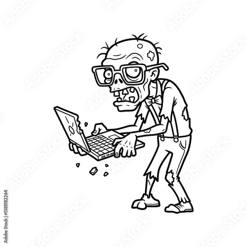 Zombie nerd geek using damaged laptop sketch illustration