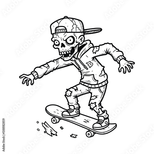 Zombie skateboarder riding skateboard sketch illustration