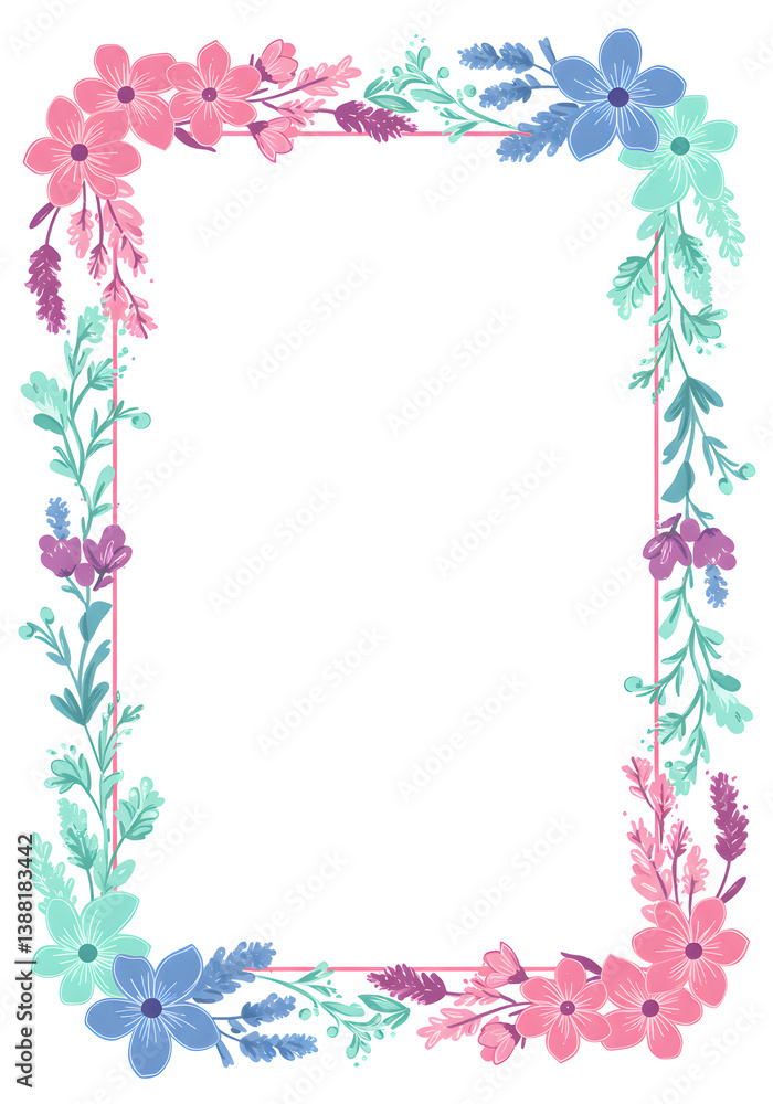 Colorful botanical frame with spring flowers and leaves in pastel tones
Colorful botanical frame with spring flowers and leaves in pastel tones