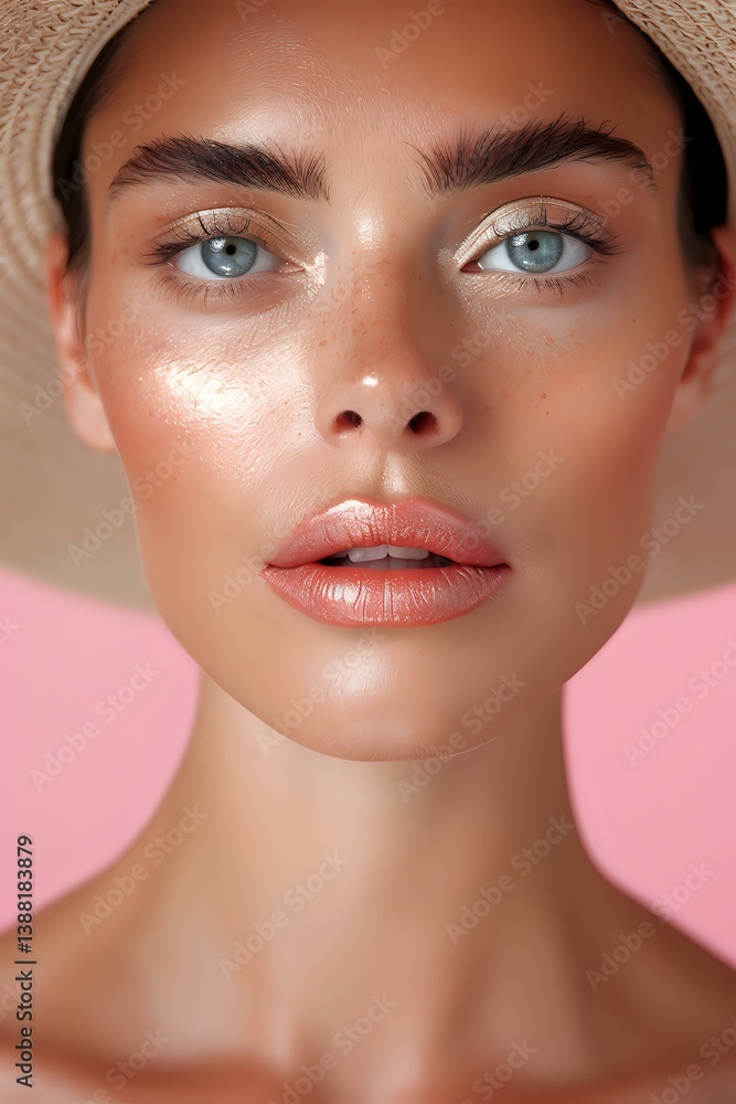 Close-up portrait of young woman with natural makeup, glowing skin, blue eyes and coral lipstick against pink background. Professional beauty and cosmetics photography. Close-up portrait of young woman with natural makeup, glowing skin, blue eyes and coral lipstick against pink background. Professional beauty and cosmetics photography.