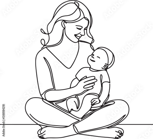 Smiling Baby in Mother's Arms – Line Art Vector
