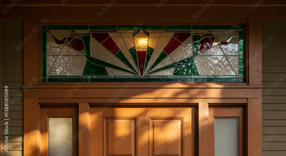 Craftsman Front Door with Decorative Stained Glass Transom Window Installed Craftsman Front Door with Decorative Stained Glass Transom Window Installed