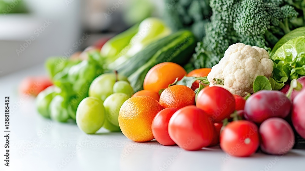 A vibrant collection of fresh produce includes tomatoes, oranges, plums, and cauliflower. Green vegetables like broccoli, cucumbers, and lettuce are in the background. The image is sharply focused, w A vibrant collection of fresh produce includes tomatoes, oranges, plums, and cauliflower. Green vegetables like broccoli, cucumbers, and lettuce are in the background. The image is sharply focused, w