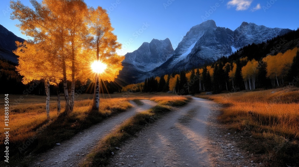 Fototapeta premium Autumnal mountain path at sunset