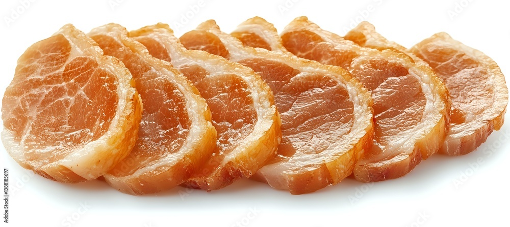 Fresh raw pork tenderloin sliced in even medallions arranged in row showing marbling and texture on white background, isolated for culinary and menu designs. Fresh raw pork tenderloin sliced in even medallions arranged in row showing marbling and texture on white background, isolated for culinary and menu designs.