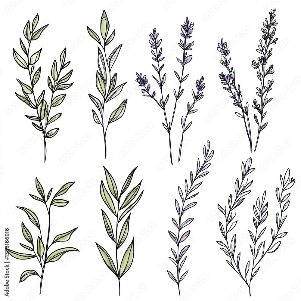 Naklejka premium Botanical illustrations of various stylized floral and leafy branches