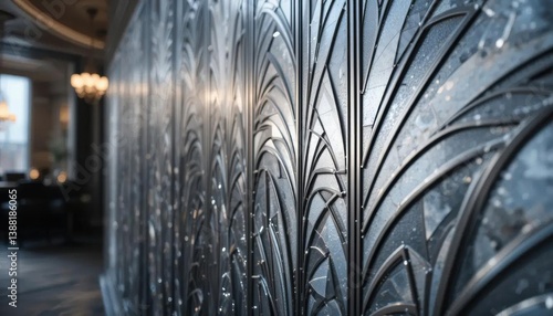 Wallpaper Mural Textured Metallic Wall Panel with Stylized Floral Design and Blurred Interior. Torontodigital.ca