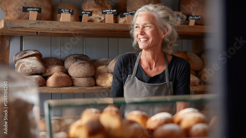 Mature caucasian female baker smiling in artisan bakery with fresh bread display