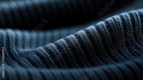 Close-up view of textured dark navy blue knit fabric.  Intricate ribbed pattern with soft folds and waves.  Dark, rich tones