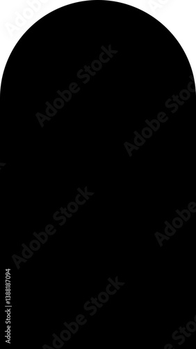Filled black rectangular shape with one side rounded and the opposite side straight.
