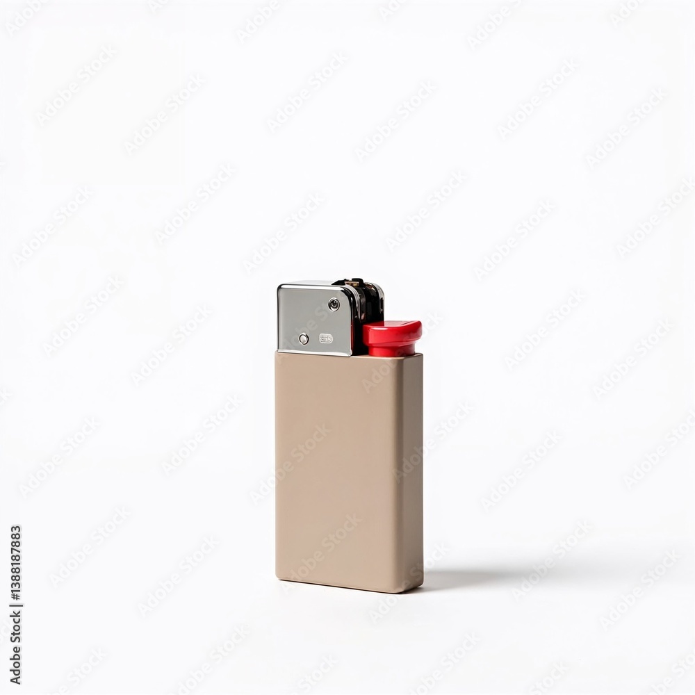 Isolated metal lighter with beige casing and red button on white background for lighting purposes Isolated metal lighter with beige casing and red button on white background for lighting purposes
