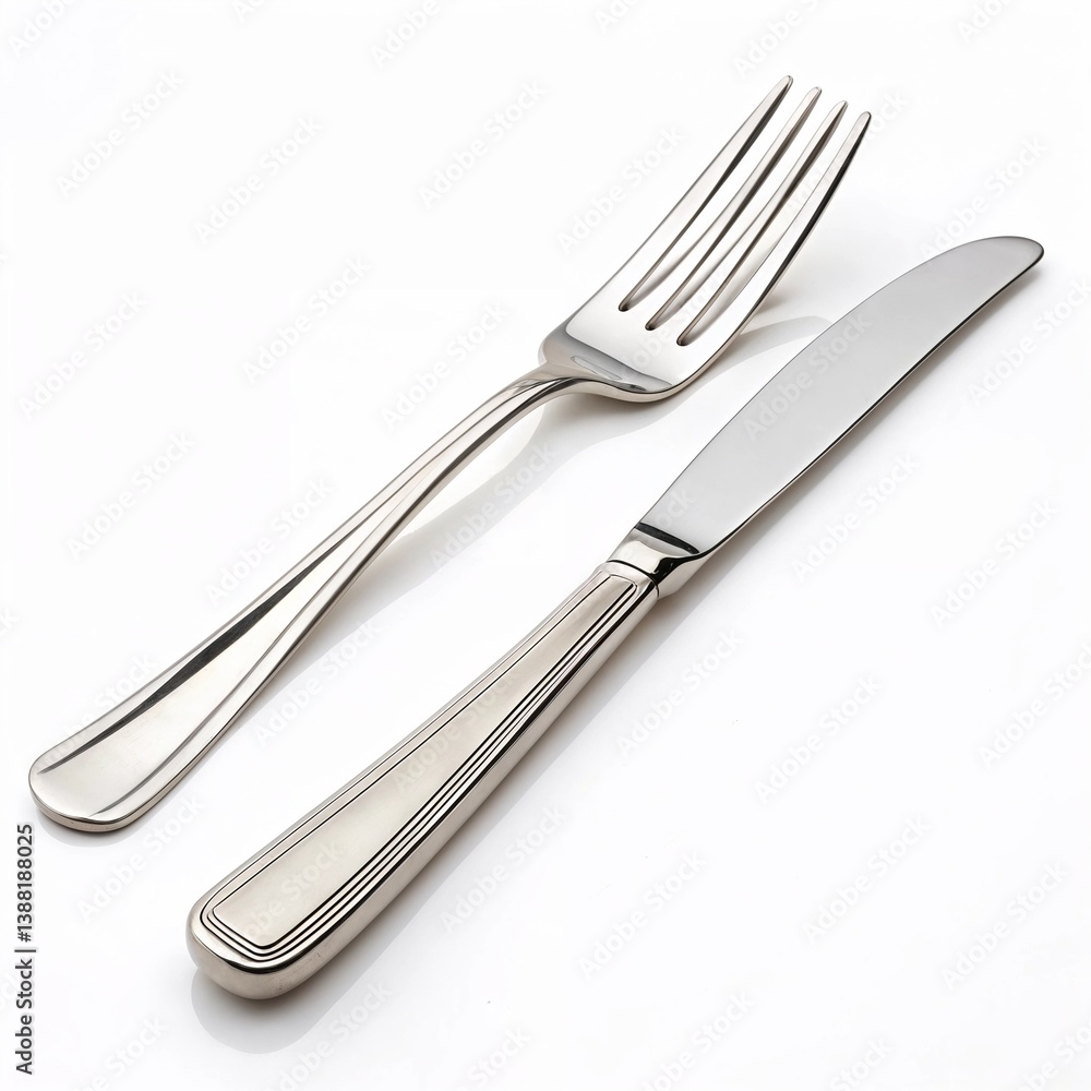 Isolated stainless steel knife and fork set on white background for dining and table setting Isolated stainless steel knife and fork set on white background for dining and table setting