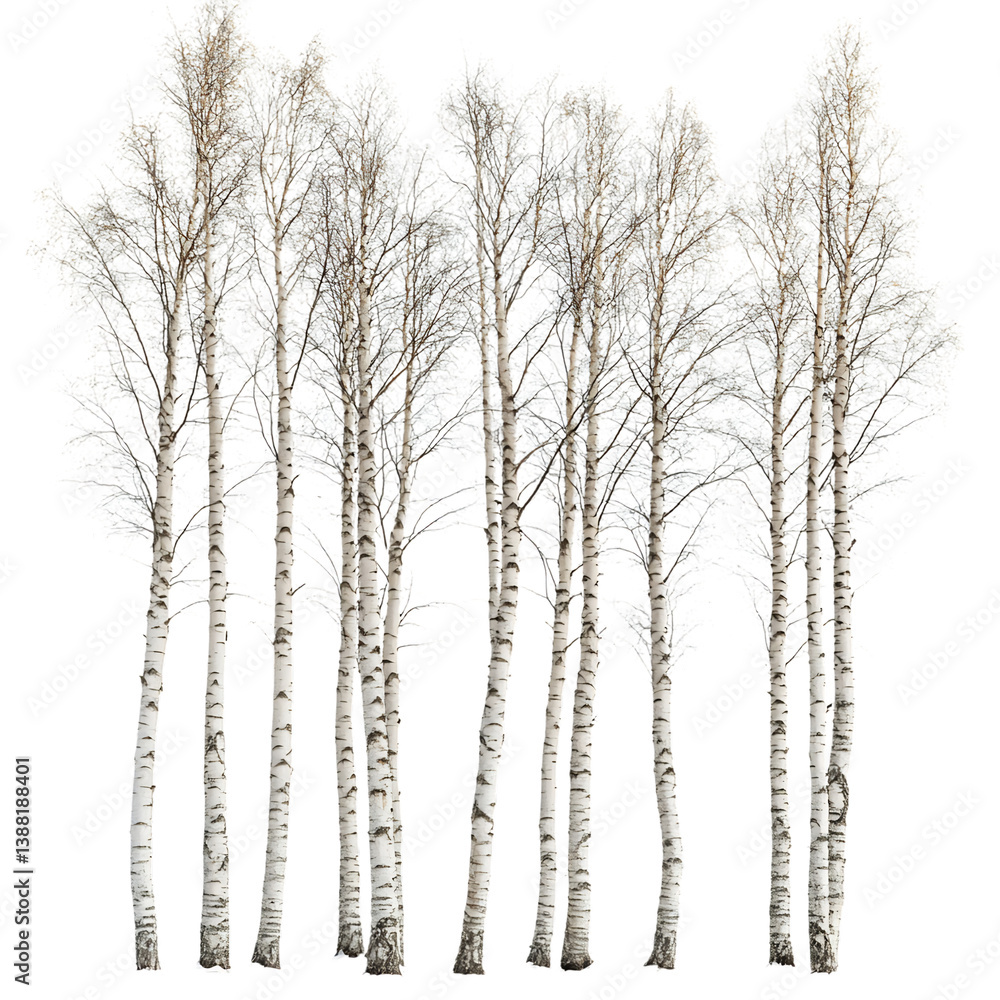 A Group of Tall Thin Birch Trees with White Leaves Isolated on Transparent Background A Group of Tall Thin Birch Trees with White Leaves Isolated on Transparent Background