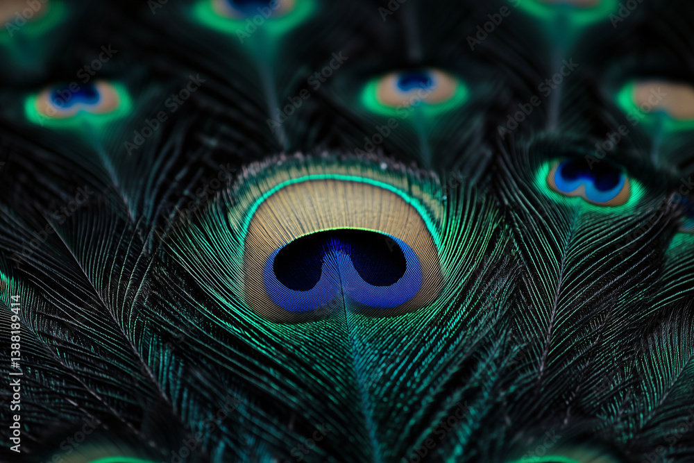 Fototapeta premium Peacock Feather’s Intricate Display: A close-up view showcases the exquisite detail of a peacock feather, displaying the mesmerizing colors and intricate patterns.