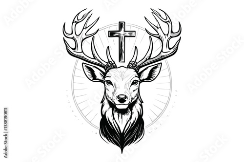 Majestic Red Deer Buck and the cross of St. Hubert , portrait of deer, great adult noble red deer with big beautiful horns and cross (Cervus elaphus)