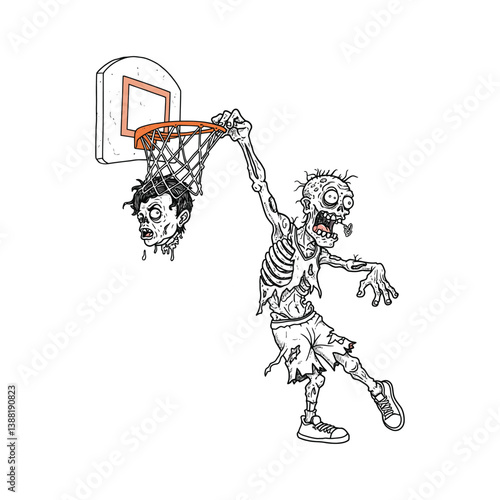 Zombie Basketball Dunk Vector - Cartoon Character Illustration, Black and White