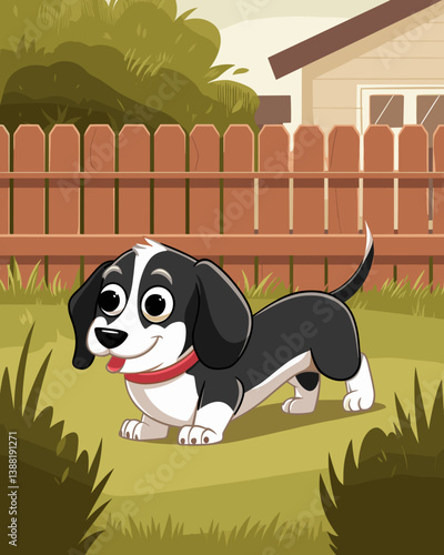 Playful cartoon Вachshund happily exploring a backyard