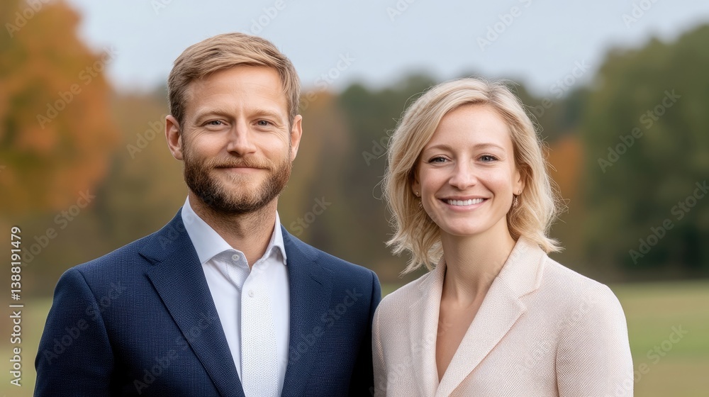 A high-resolution photo shows a man and woman, shoulder to shoulder. The man wears a navy suit the woman, a beige blazer. The outdoor setting features a blurred autumnal background. The image is pro A high-resolution photo shows a man and woman, shoulder to shoulder. The man wears a navy suit the woman, a beige blazer. The outdoor setting features a blurred autumnal background. The image is pro