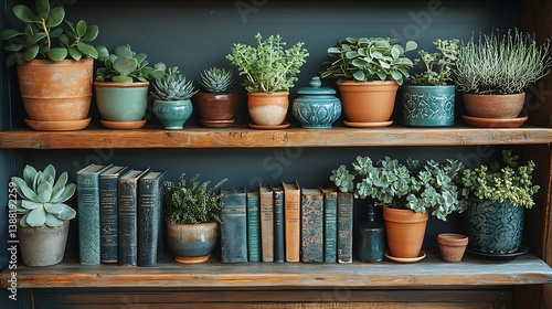 Botanical Arrangement: A Rustic Wooden Shelf Displaying Potted Plants and Antique Books, Creating a Serene and Harmonious Atmosphere.