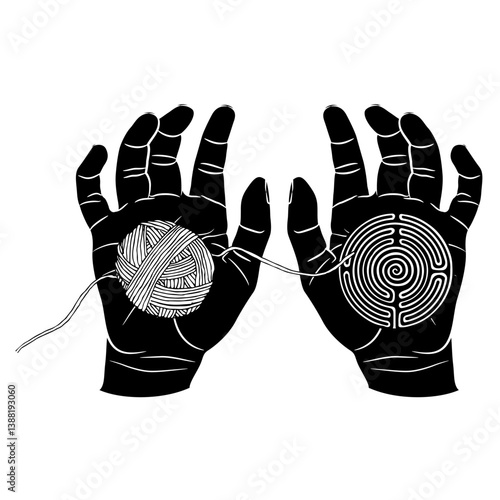 Two human hands holding a round spiral maze or labyrinth symbol and a yarn ball. Theseus and Ariadne. Creative philosophical symbol. Black and white silhouette.